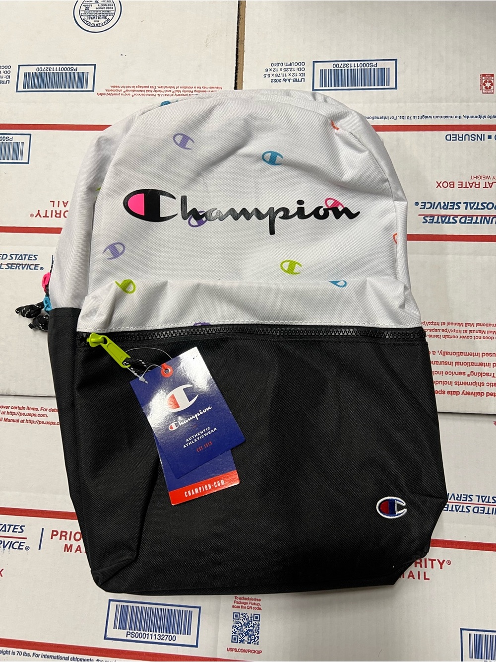 Champion White & Black Two-Tone Backpack with Multicolor Mini Logos